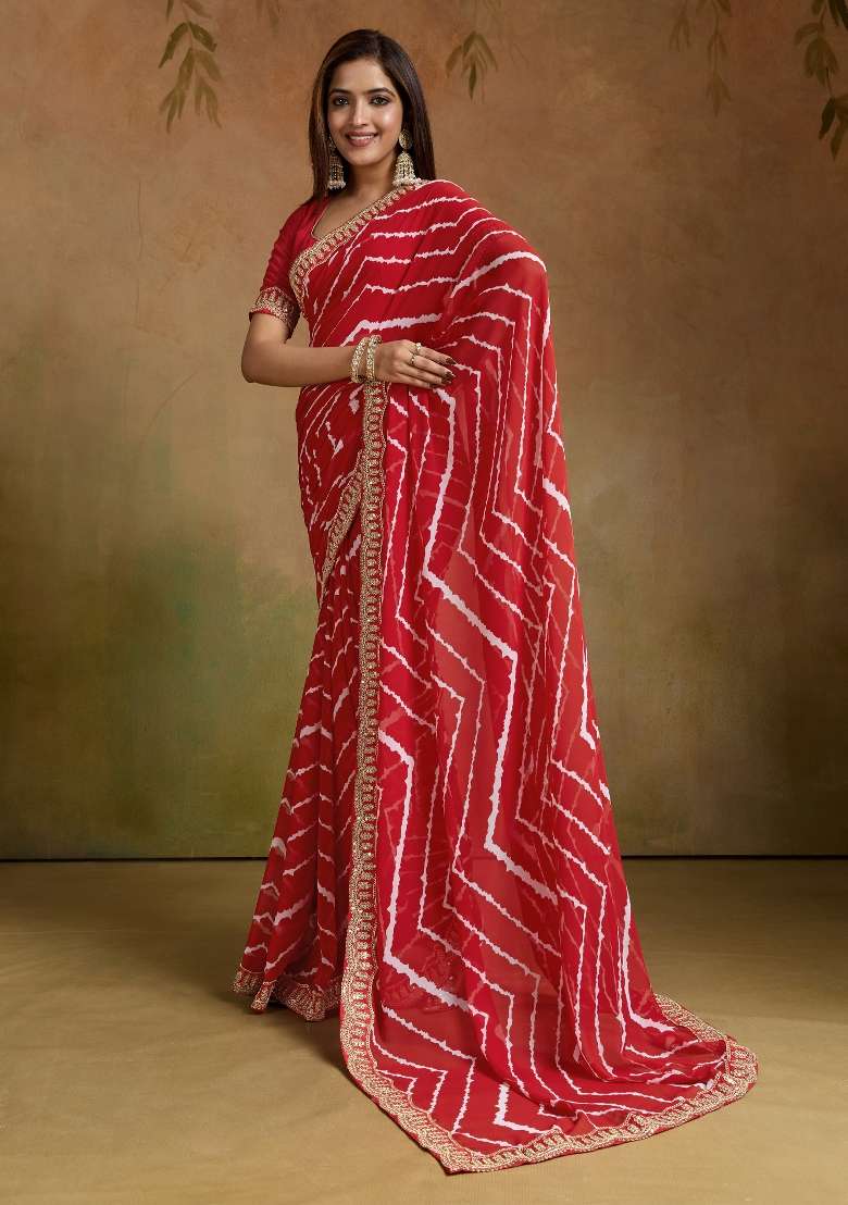 Red Georgette Saree Set with Printed for Diwali | Wedding & Festive Wear - Indya