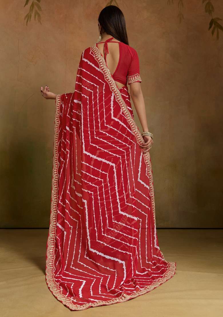 Red Georgette Saree Set with Printed for Diwali | Wedding & Festive Wear - Indya
