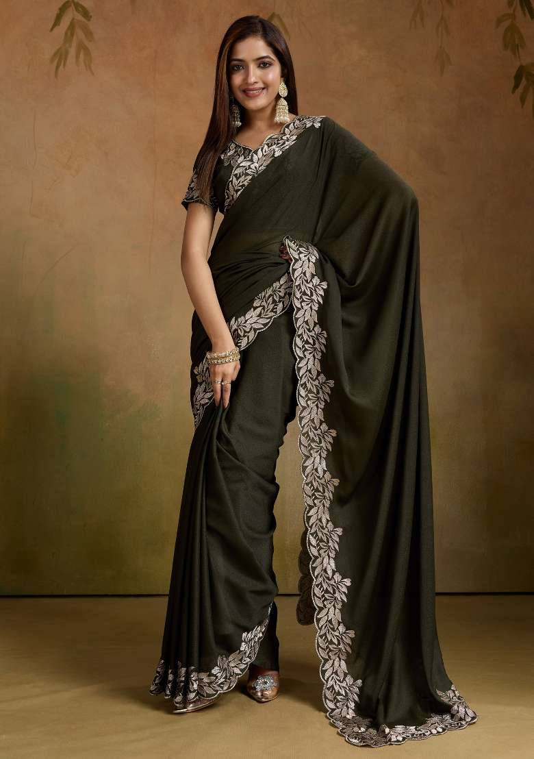Dark Green Georgette Saree Set with Printed for Diwali | Wedding & Festive Wear - Indya
