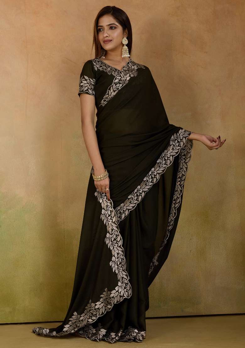Dark Green Georgette Saree Set with Printed for Diwali | Wedding & Festive Wear - Indya