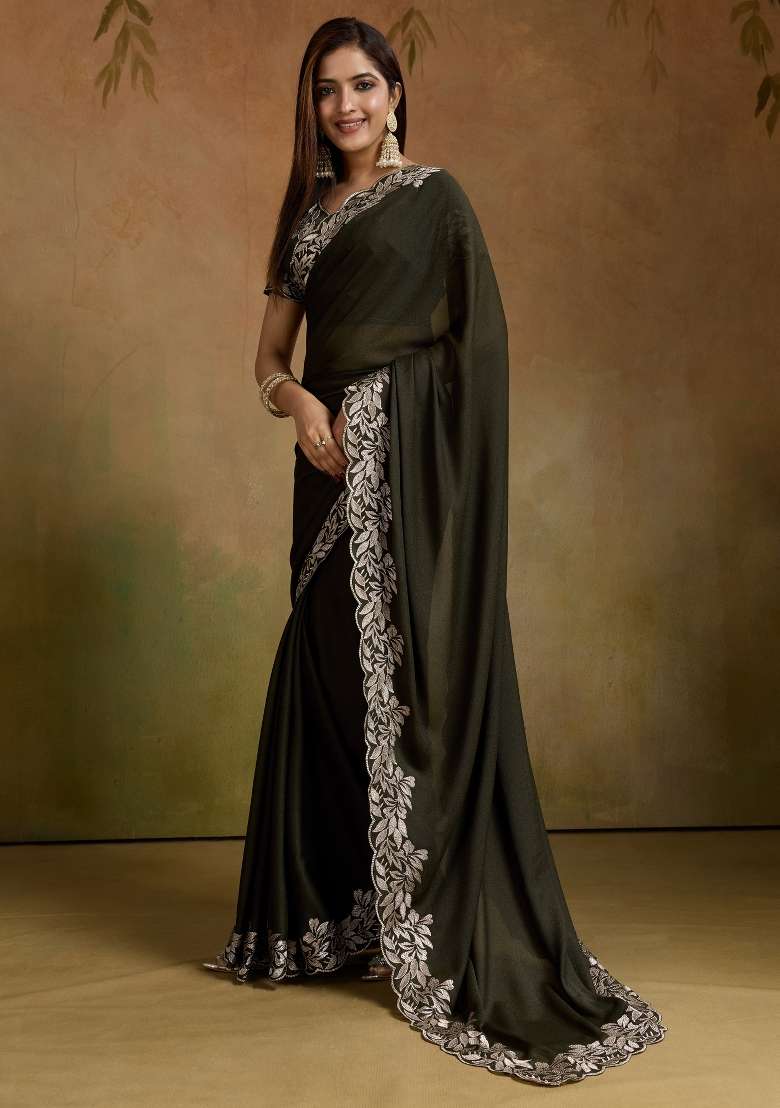 Dark Green Georgette Saree Set with Printed for Diwali | Wedding & Festive Wear - Indya