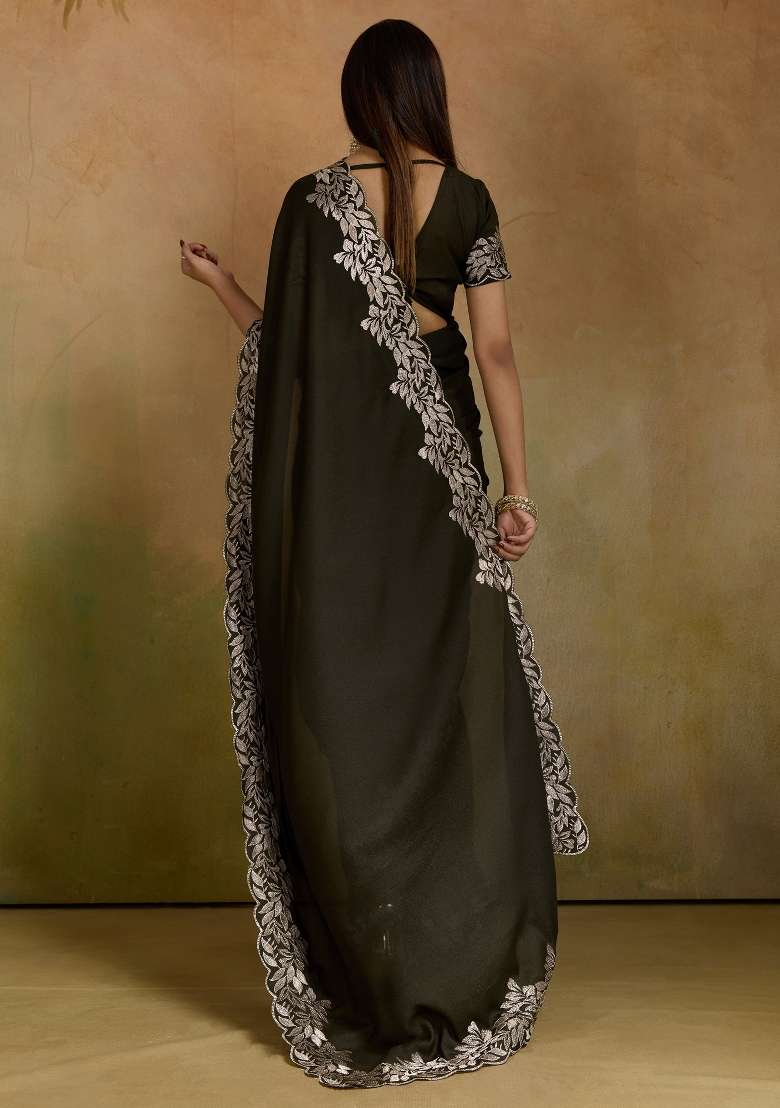 Dark Green Georgette Saree Set with Printed for Diwali | Wedding & Festive Wear - Indya