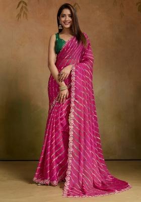 Pink Printed Chiffon Saree Set