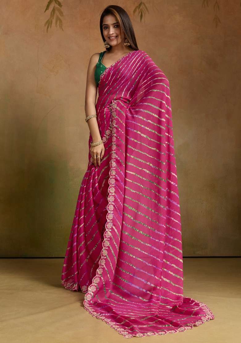 Pink Printed Chiffon Saree Set for Diwali and Festive Wear - Indya
