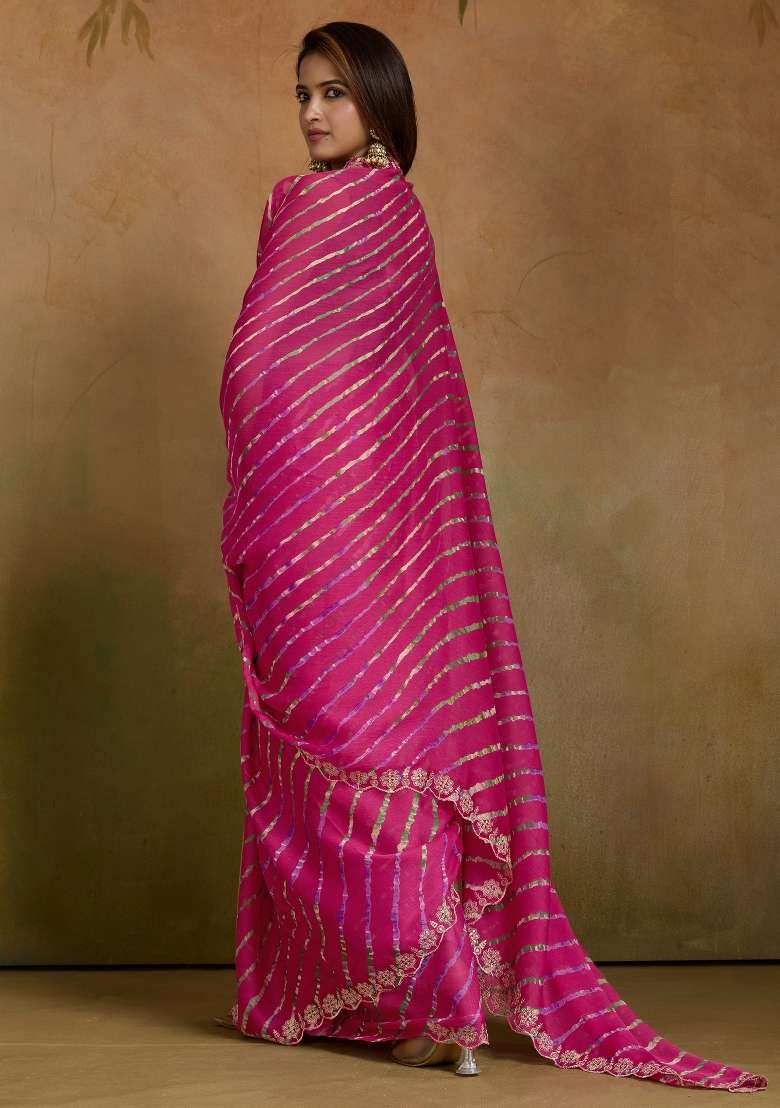 Pink Printed Chiffon Saree Set for Diwali and Festive Wear - Indya
