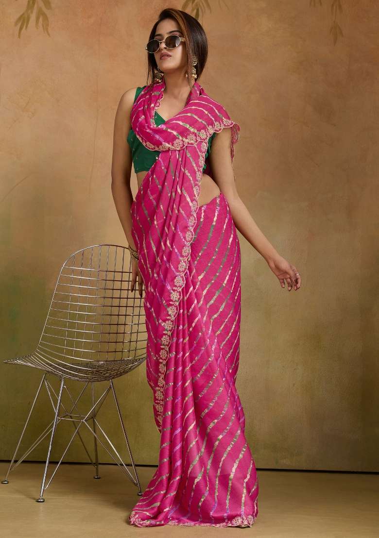 Pink Printed Chiffon Saree Set for Diwali and Festive Wear - Indya