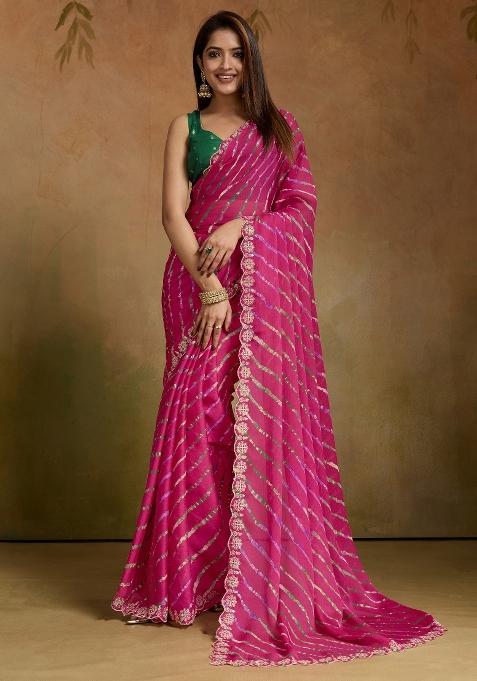 Pink Printed Chiffon Saree Set — view on Indya