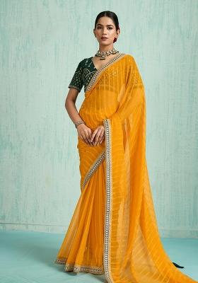 Yellow Zari Work Border Poly Blended Saree Set