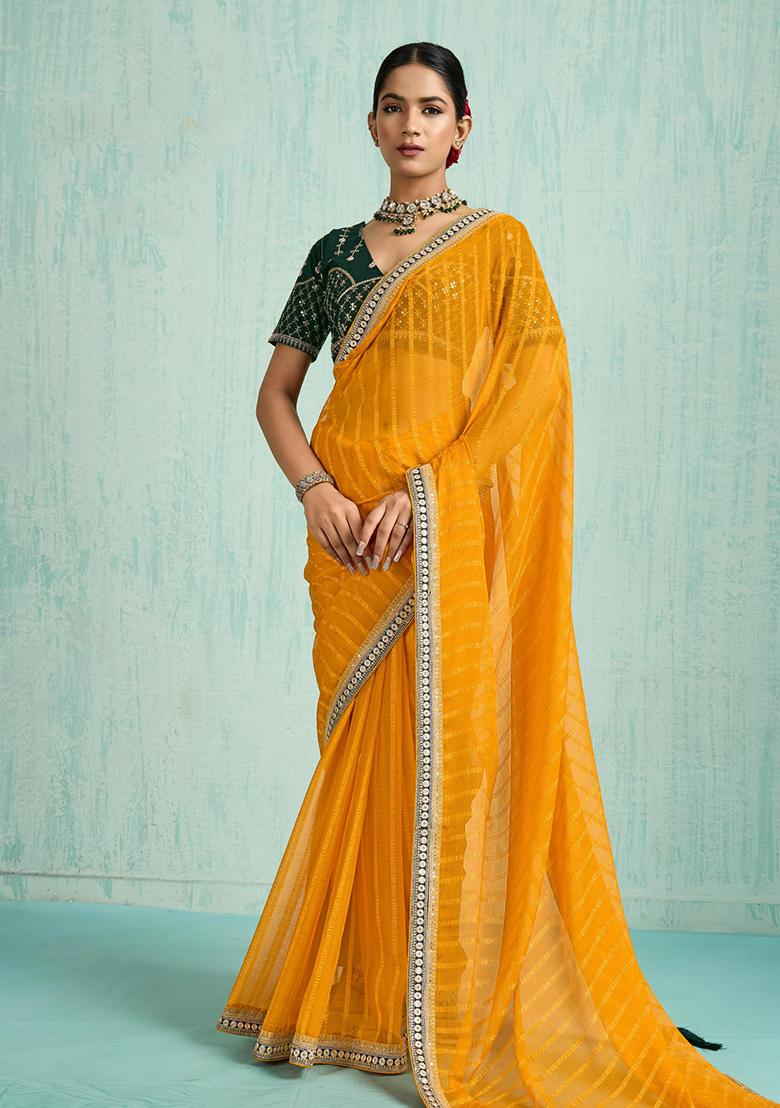 Yellow Zari Work Border Poly Blended Saree Set