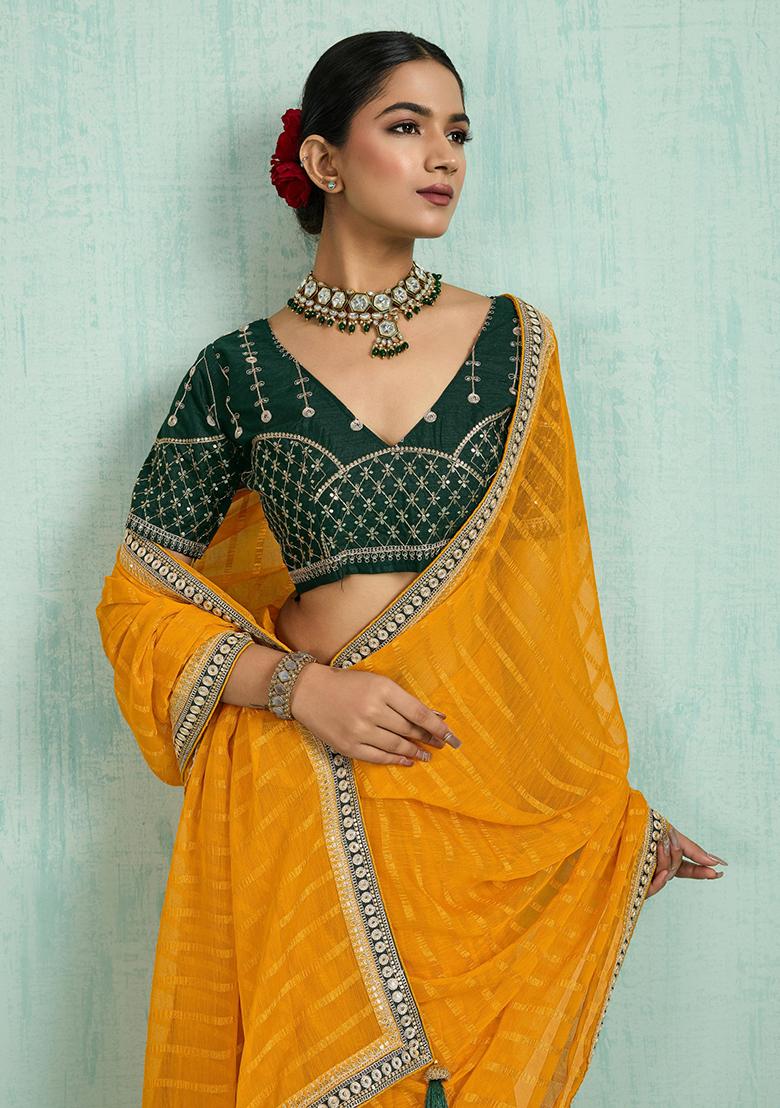 Yellow Zari Work Border Poly Blended Saree Set