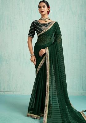 Green Zari Work Border Poly Blended Saree Set