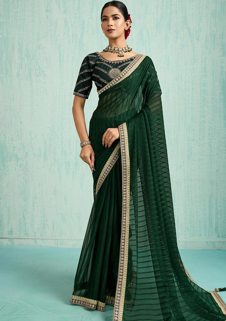 Green Zari Work Border Poly Blended Saree Set