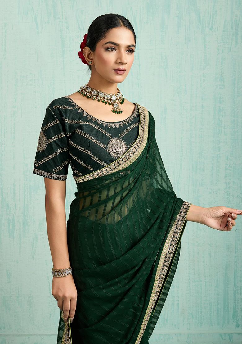 Green Zari Work Border Poly Blended Saree Set
