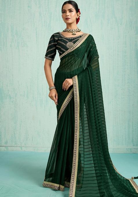 Green Zari Work Border Poly Blended Saree Set