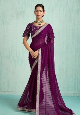 Purple Zari Work Border Poly Blended Saree Set