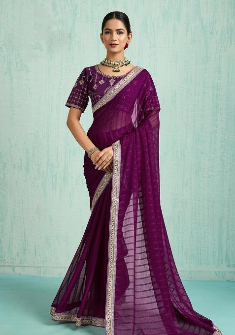 Purple Zari Work Border Poly Blended Saree Set