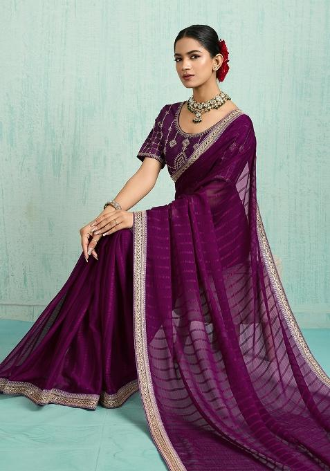 Purple Zari Work Border Poly Blended Saree Set