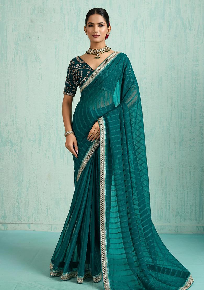Sky Blue Zari Work Border Poly Blended Saree Set