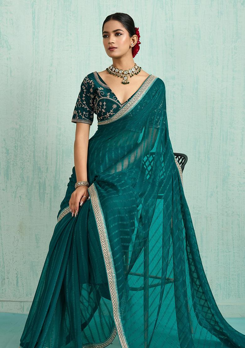 Sky Blue Zari Work Border Poly Blended Saree Set