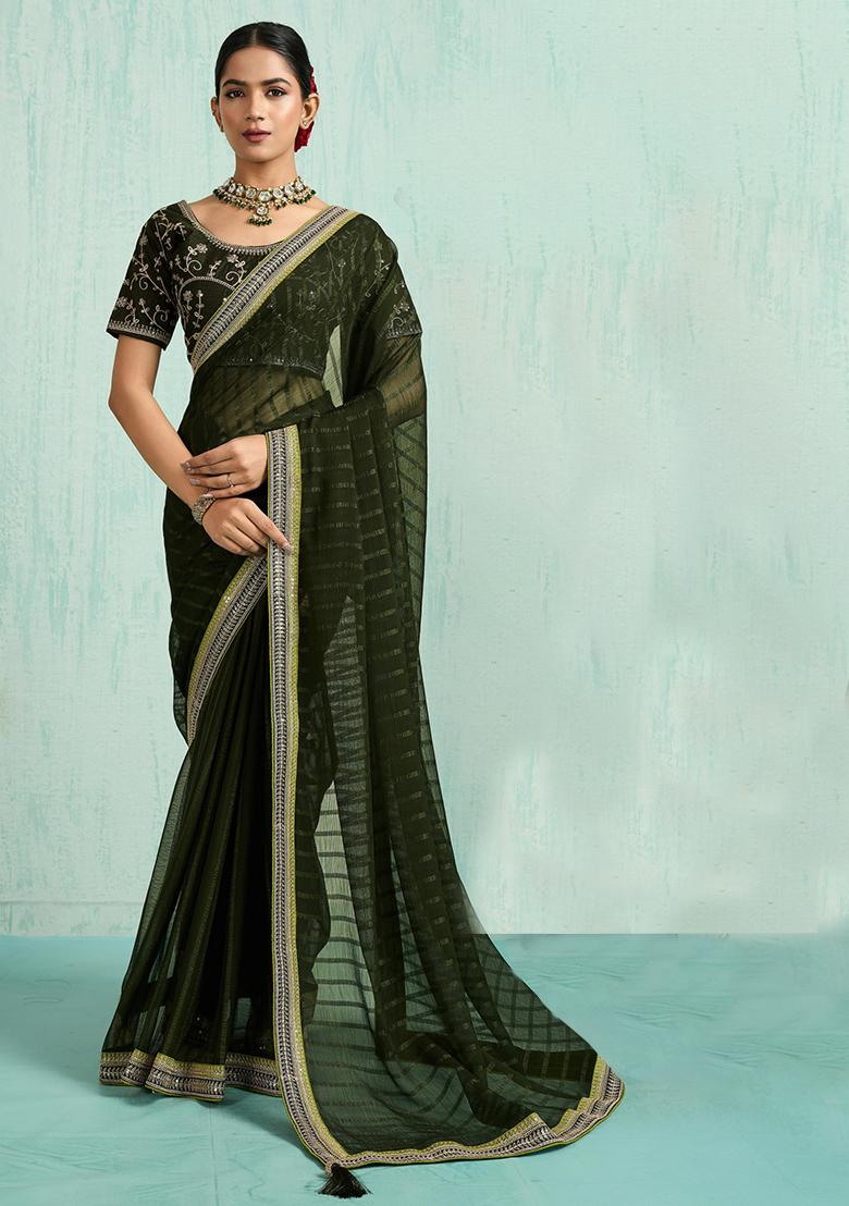 Green Zari Work Border Poly Blended Saree Set