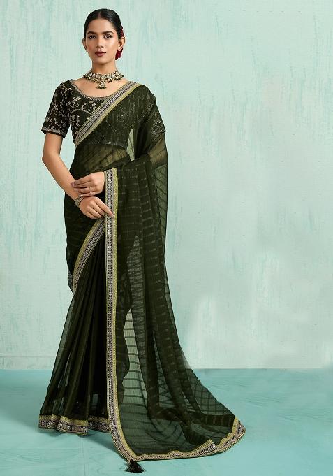 Green Zari Work Border Poly Blended Saree Set