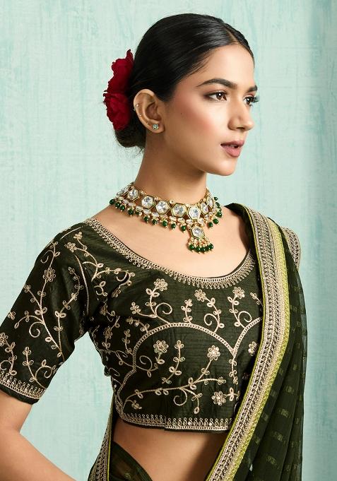 Green Zari Work Border Poly Blended Saree Set