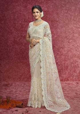 White Thread Sequence Work Poly Blended Saree Set
