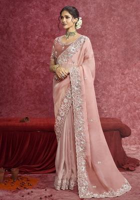 Peach Thread Sequence Work Poly Blended Saree Set