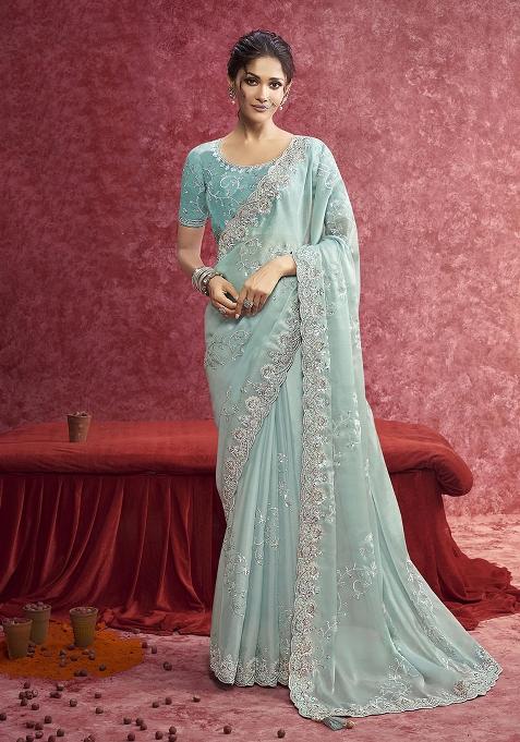 Sky Blue Thread Sequence Work Poly Blended Saree Set