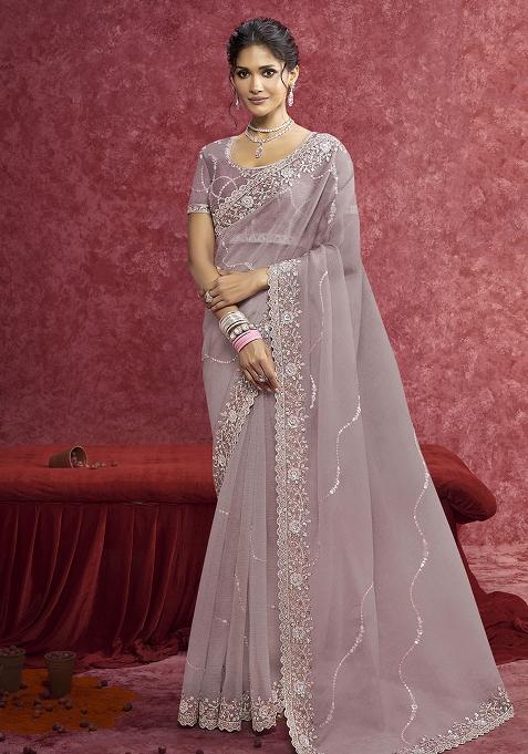 Purple Thread Sequence Work Poly Blended Saree Set