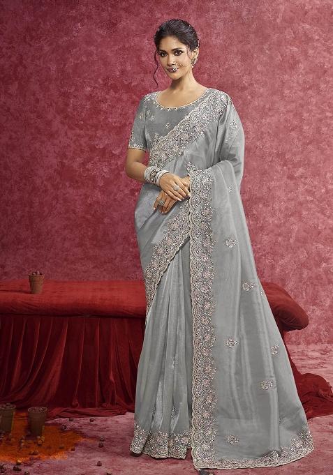 Gray Thread Sequence Work Poly Blended Saree Set