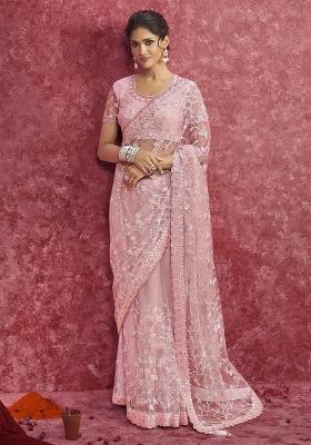 Peach Thread Sequence Work Poly Blended Saree Set