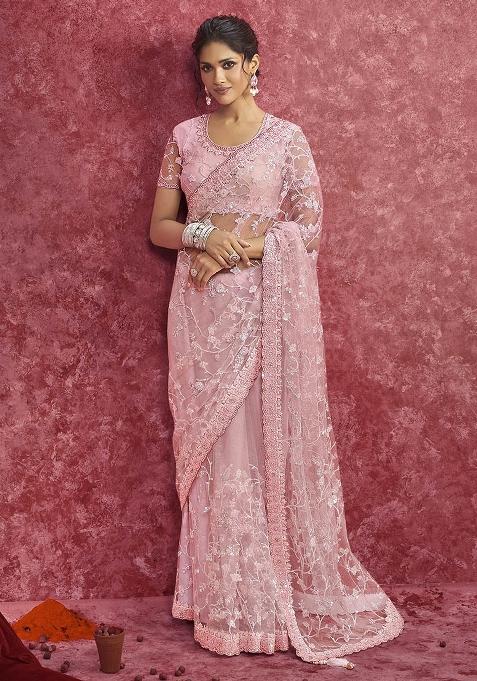 Peach Thread Sequence Work Poly Blended Saree Set