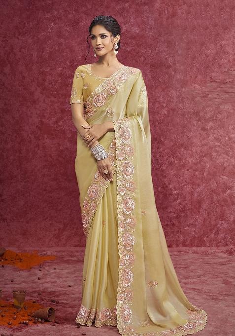 Yellow Thread Sequence Work Poly Blended Saree Set