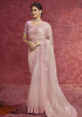 Peach Thread Sequence Work Poly Blended Saree Set