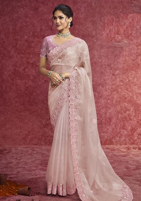 Peach Thread Sequence Work Poly Blended Saree Set