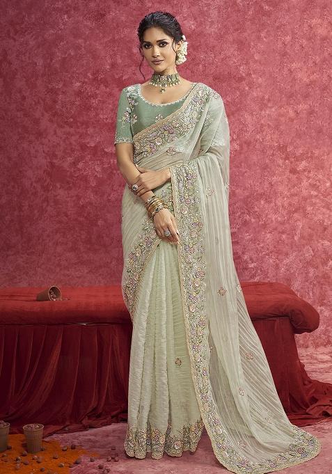 Green Thread Sequence Work Poly Blended Saree Set