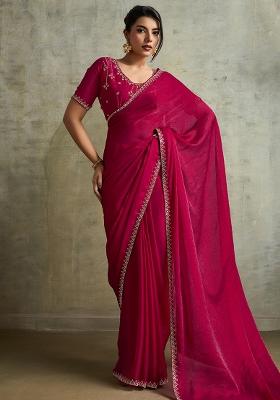 Pink Thread Sequence Work Poly Blended Saree Set