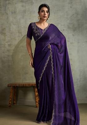 Purple Thread Sequence Work Poly Blended Saree Set