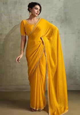 Yellow Thread Sequence Work Poly Blended Saree Set