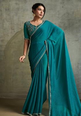 Sky Blue Thread Sequence Work Poly Blended Saree Set