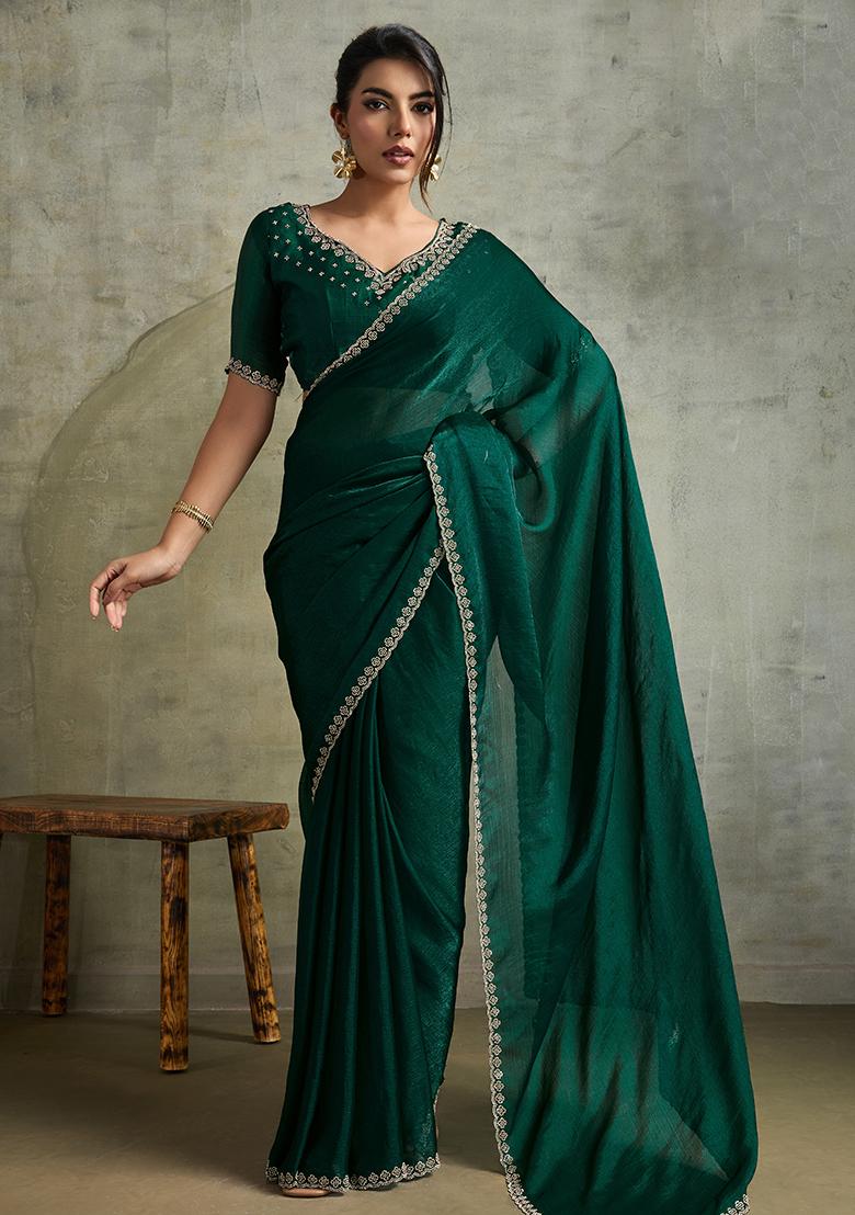 Green Thread Sequence Work Poly Blended Saree Set