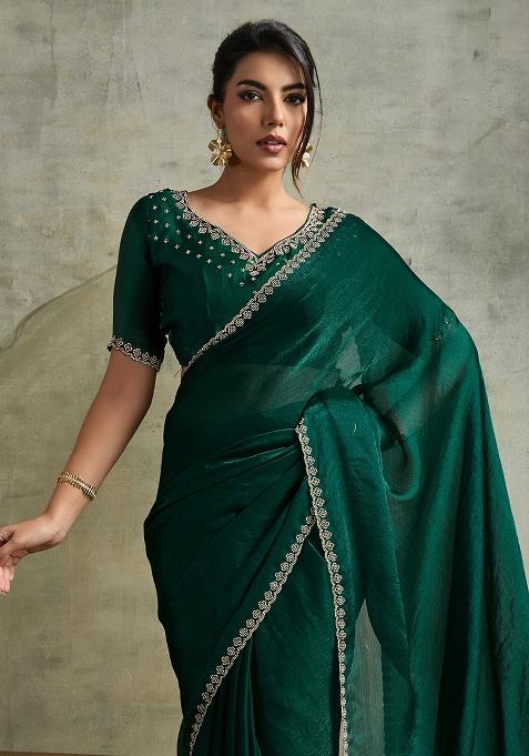 Green Thread Sequence Work Poly Blended Saree Set