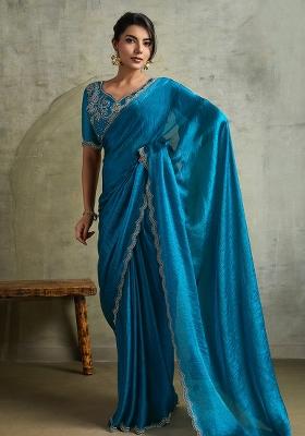 Sky Blue Figure Print Border Poly Blended Saree Set