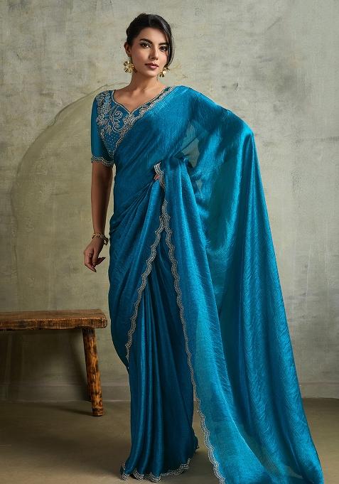 Sky Blue Figure Print Border Poly Blended Saree Set
