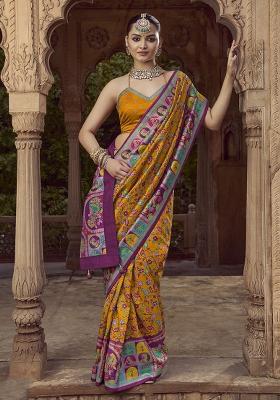 Yellow Figure Print Border Poly Blended Saree Set