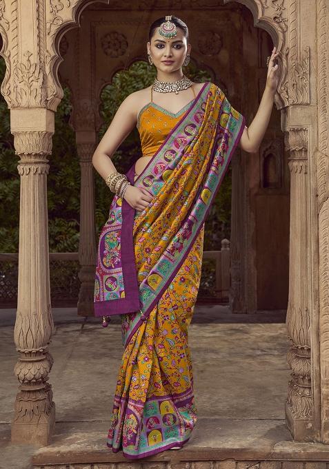 Yellow Figure Print Border Poly Blended Saree Set