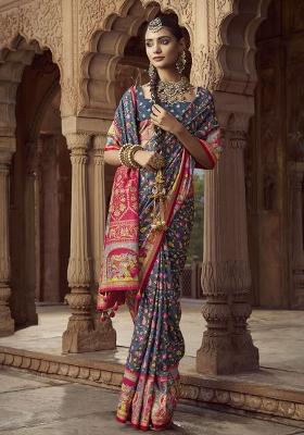 Gray Figure Print Border Poly Blended Saree Set