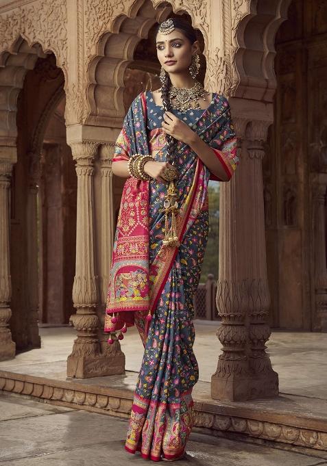 Gray Figure Print Border Poly Blended Saree Set