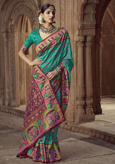Sea Green Figure Print Border Poly Blended Saree Set